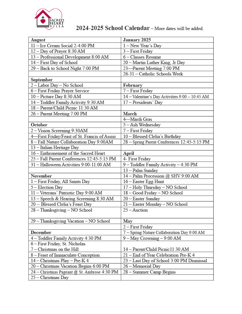 Sacred Heart School Calendar 2025 Sybil Euphemia
